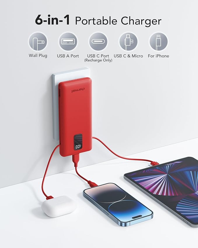 charmast Portable Charger with Built-in Cables and Plug, 10000mAh USB C Power Bank Fast Charging