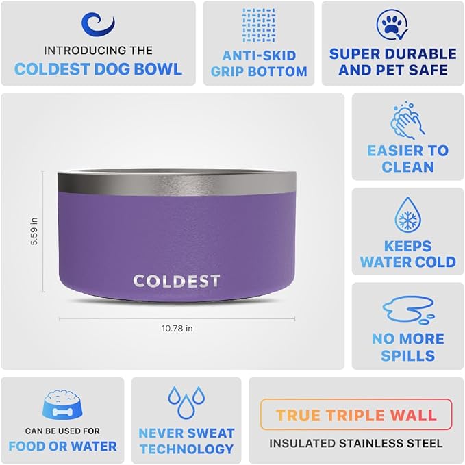 Coldest Dog Bowl - Anti Rust Metal, Non Slip, 3 Layers Insulated Stainless Steel Dog Bowls - Spill