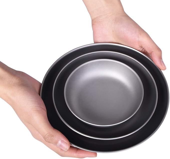 iBasingo 3 Pieces Titanium Plates Set Camping Metal Durable Cooking Pan Dishes Plates Saucer
