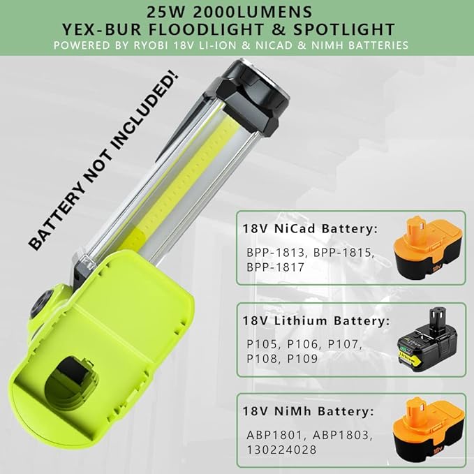 YEX-BUR Flashlight for Ryobi 18V Battery, 25W 2000LM LED Work Light, Portable Floodlights, Camping
