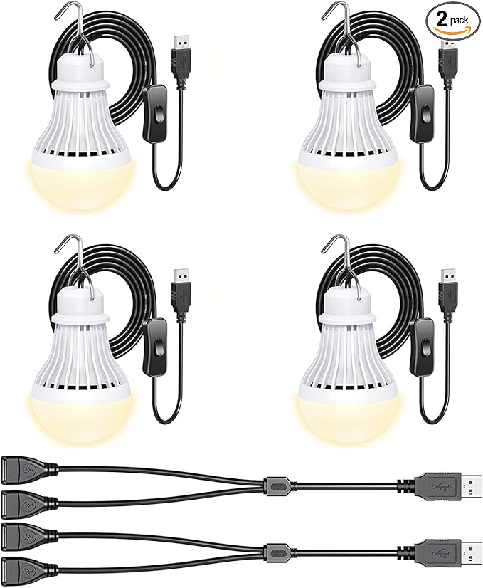 4 Pack USB Light Bulb, USB LED Camping Light Lantern, 8.2 ft Extra Length Cord Tent Light with USB