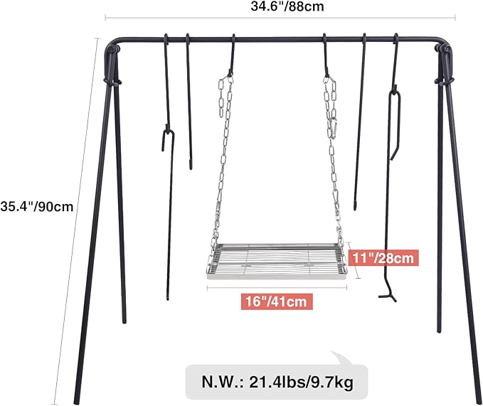 REDCAMP Swing Campfire Grill Stand - Collapsible Campfire Cooking Rack with 6 Hooks & Stainless