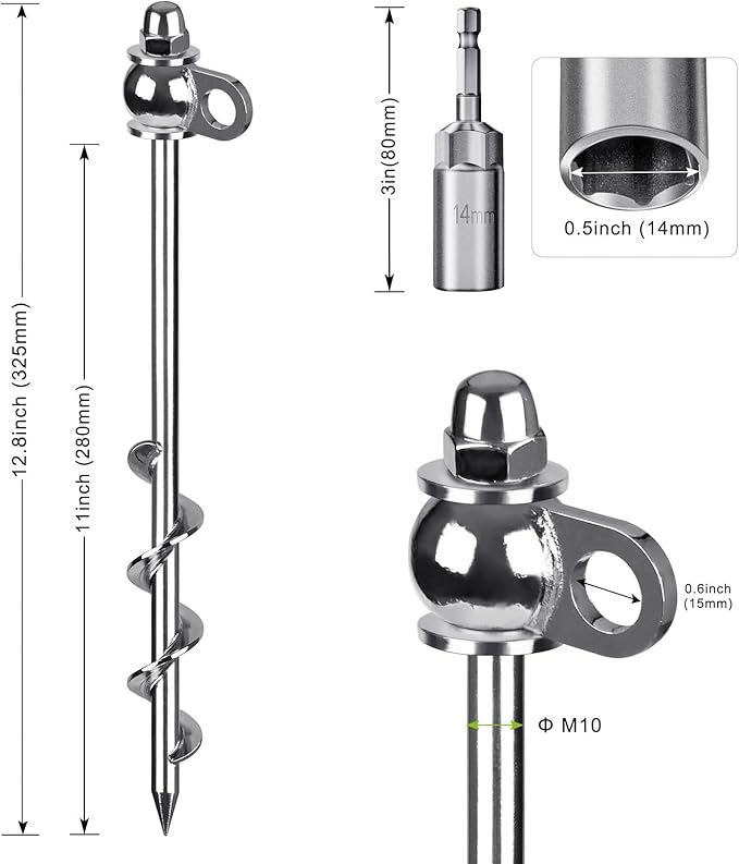 4 Pack Tent Stakes, 12 Inch Heavy Duty Ground Anchors, Full Welding, Easy to Screw in and Reusable
