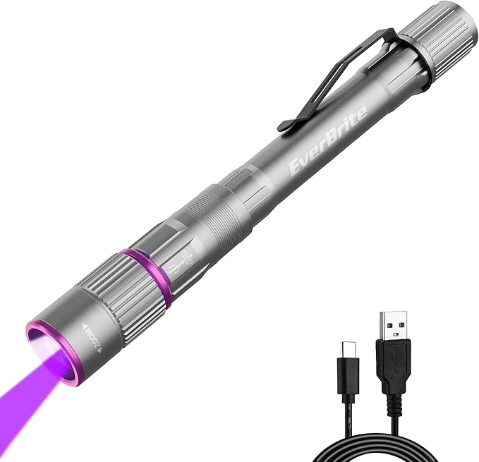 EverBrite Rechargeable Pen Flashlight with UV Light and White Light, 395nm Black Flashlight with