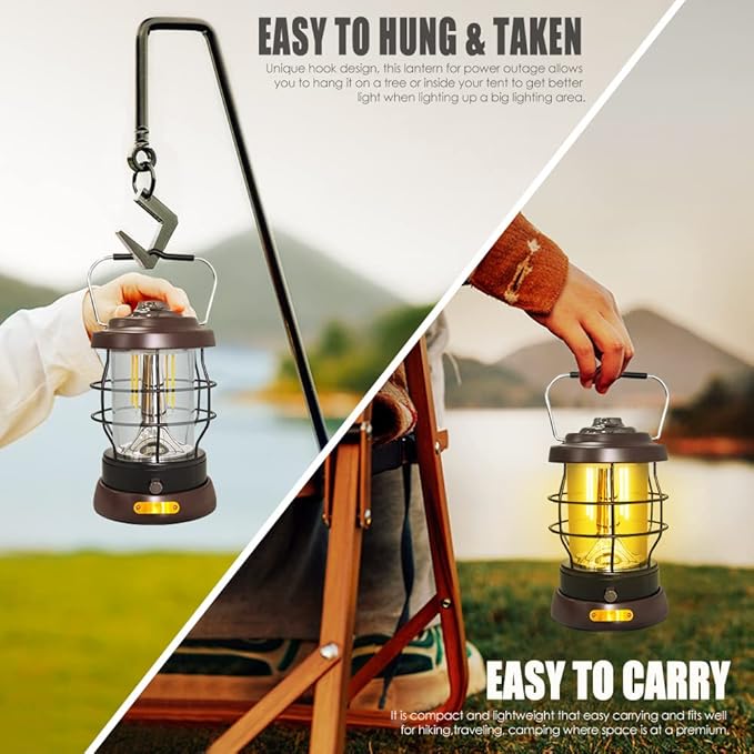 UniqueFire Retro Camping Lantern Rechargeable 1500LM 2 Modes Dimmable,Portable Electric Hurricane