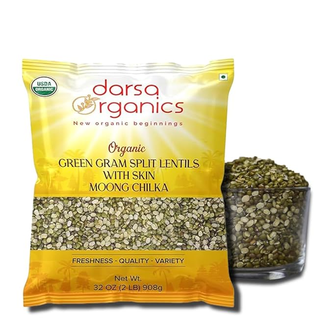 Darsa Organics Mung Split Lentils with Skin, Moong Dal with Skin 2 lb - USDA Organic Green Lentils