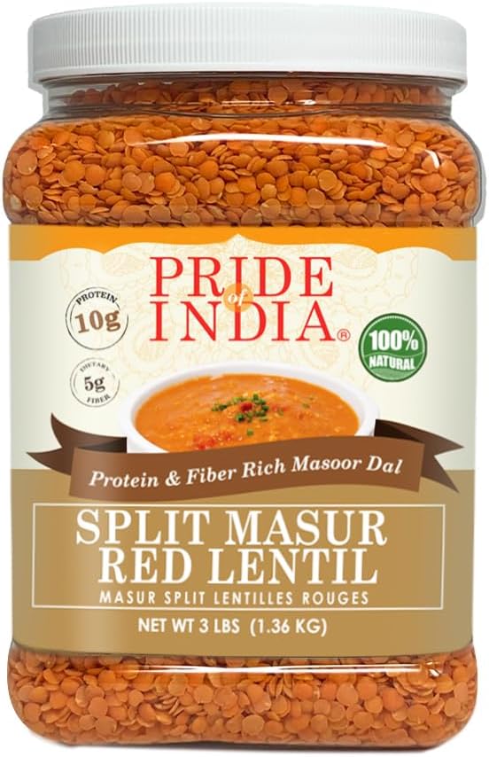 Pride Of India - Indian Split Masur Red Lentils - Protein & Fiber Rich Masoor Dal, 3.0 Pound Jar