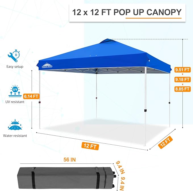 EAGLE PEAK Pop Up Canopy Tent with Wheeled Carry Bag, 8 Stakes, 4 Ropes, 4 Weight Bags, Easy Set Up