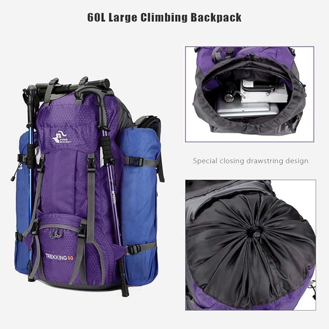 Bseash 60L Waterproof Hiking Camping Backpack with Rain Cover, Large Outdoor Sport Travel Daypack
