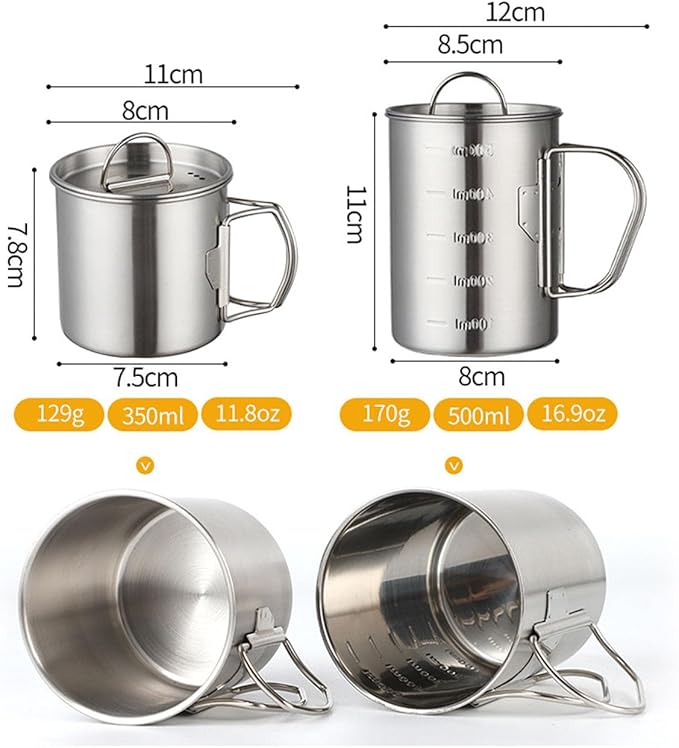 Stainless Camping Cup, 350ml Stainless Steel Camping Cup with Lid and Foldable Handle, High