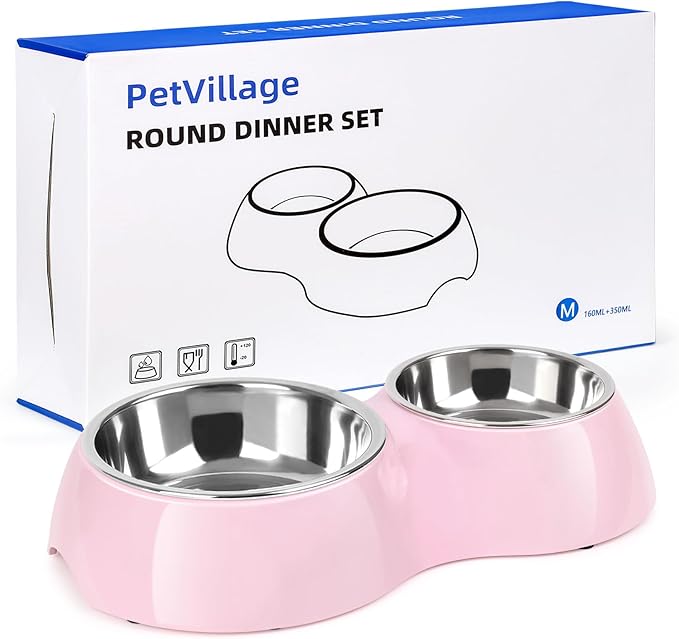 Double Dog Bowls Set ??Non-Slip Pet Food & Water Dishes with Resin Stand, Includes Small (1 Cup) &