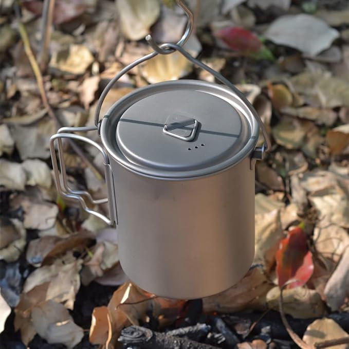 750ml/26oz Titanium Camping Pot with Lid and Foldable Handle, Ultralight Camping Mug for Hiking