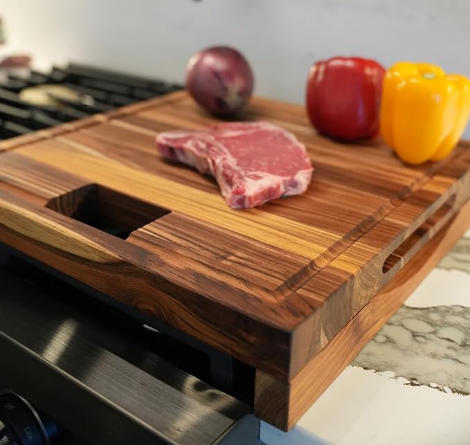 EcoDecors, Teak Edge Grain Cutting Board 17"x18", Solid FSC Teak Wood Butcher Block with Juice