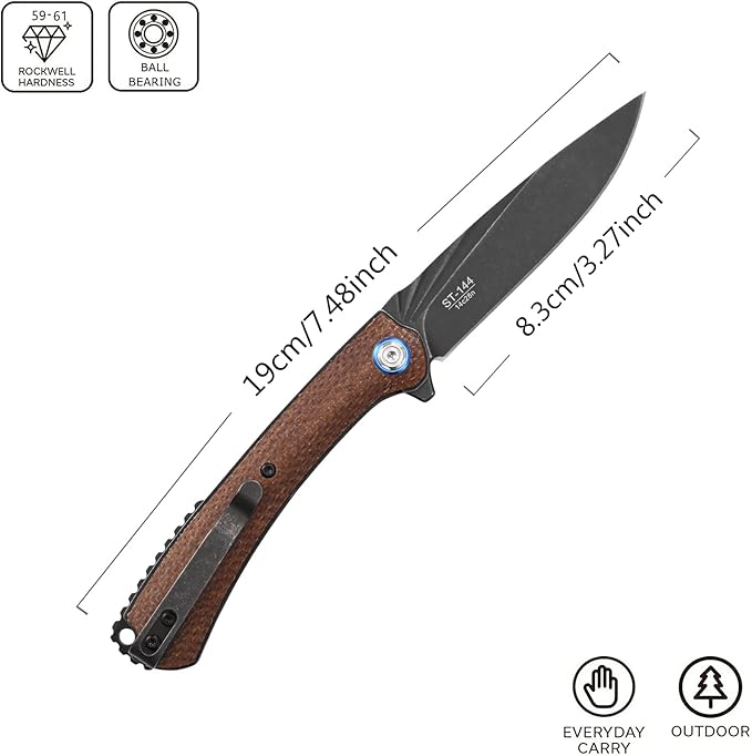 Sitivien ST144 Folding Knife,Black Stonewashed 14C28N Steel Blade,Micarta Handle Pocket Knife for