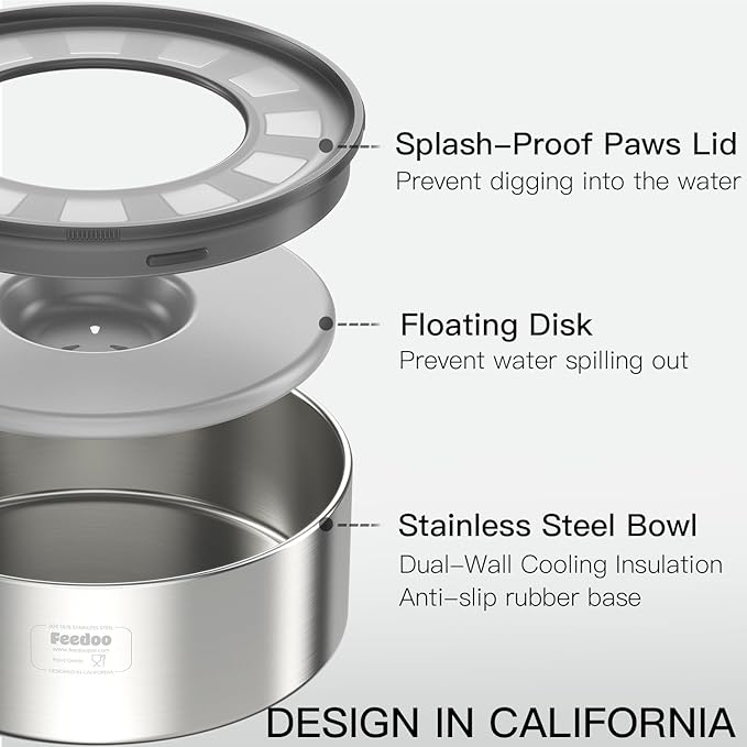 2L No Spill Water Bowl for Dogs, Double-Wall Stainless Steel with Splash-Proof Paws Lid and