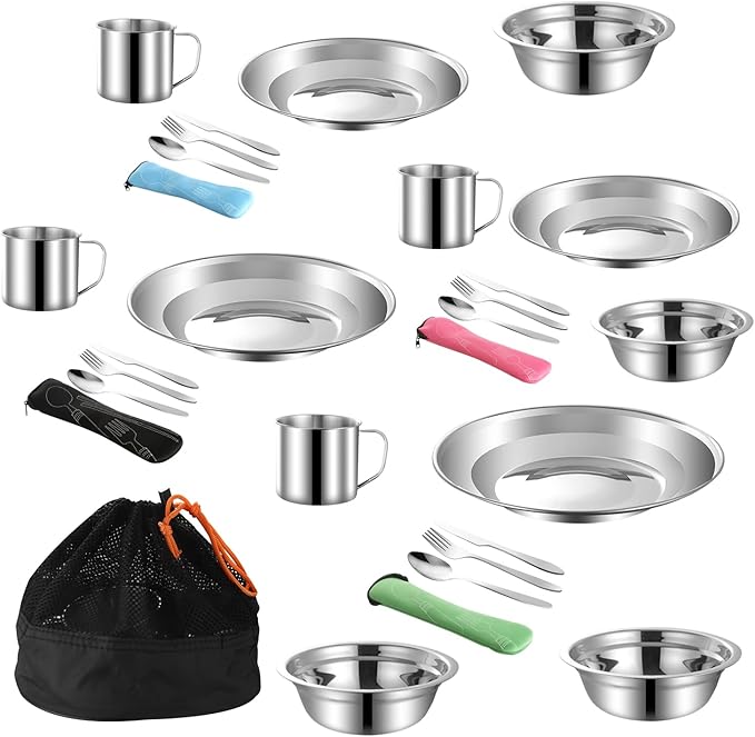 Outdoor Camping Mess Kit, Stainless Steel Tableware Mess Kit Includes Plate Bowl Cup Spoon Fork