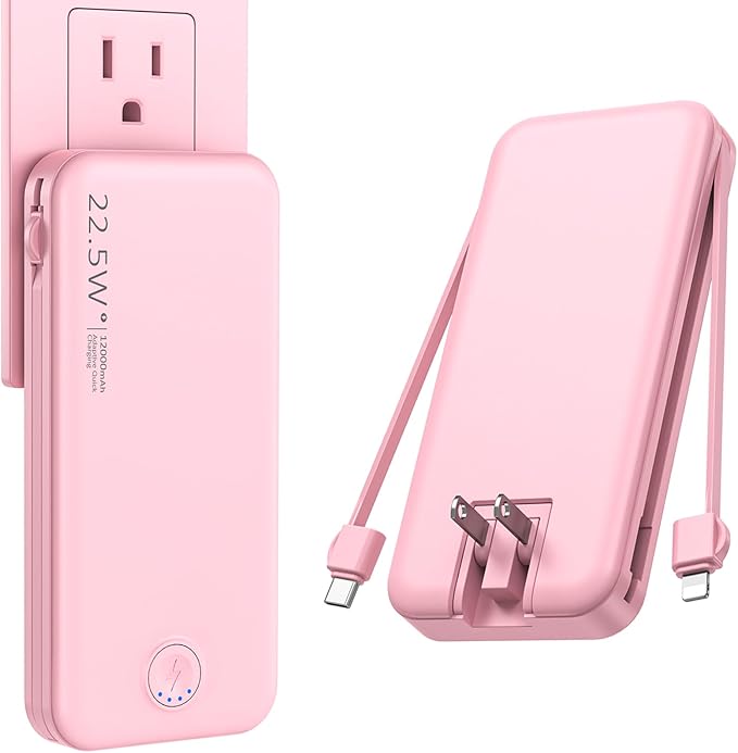 Portable Charger with Built in Cable and AC Wall Plug, USB C Power Bank 12000mAh 22.5W Super Fast