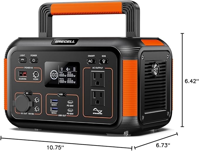 GRECELL 500W Portable Power Station 444Wh Solar Generator with 110V Pure Sine Wave AC Outlet/PD60W