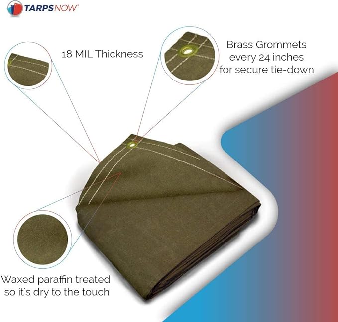 Tarps Now 12x24 ft Heavy Duty Canvas Tarp| 18 MIL Industrial Grade Fabric, Tear Resistance