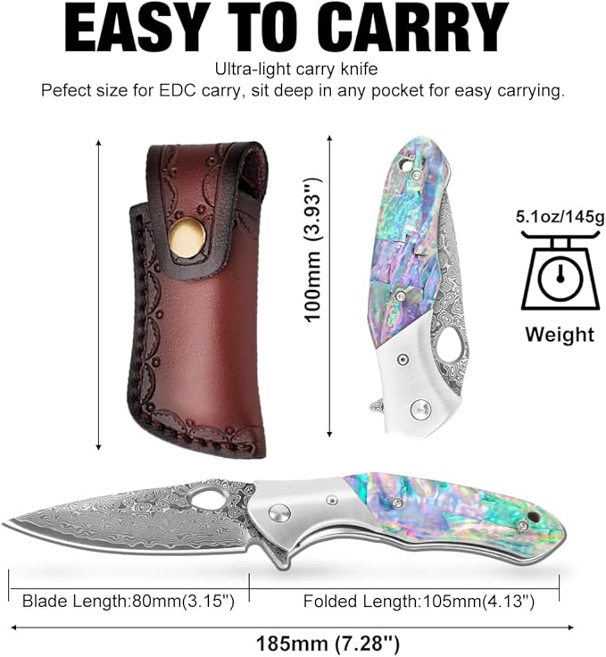 Cottonbell Damascus Pocket Knife Unique Rainbow Abalone Shell Handle Damascus Folding Knife, with