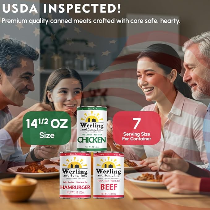 Werling & Sons Canned Meat Variety Pack 14.5 oz – Fully Cooked & Ready to Eat | 2 Hamburger, 2