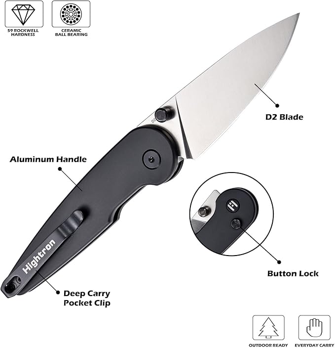 Hightron Birdidi Folding Knife, 2.91" Drop-Point D2 Blade Aluminum Handle, Pocket Knife with Pocket