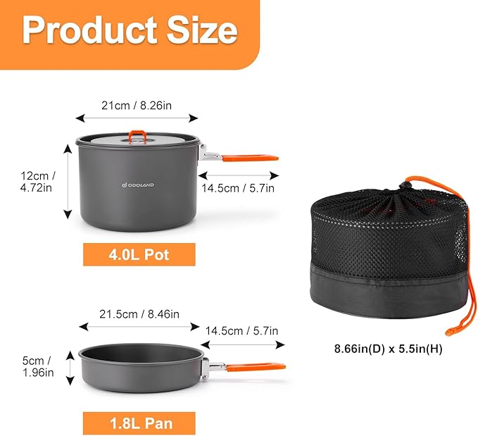 Odoland Camping Cookware Mess Kit, Non-Stick Lightweight Camping Pot and Fry Pan Set with Mesh Bag