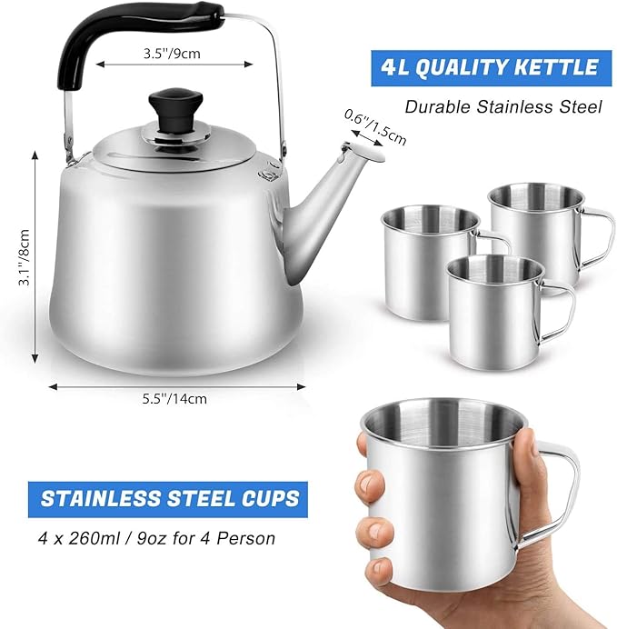 Odoland 4L Camping Kettle Set with 4 Cups, Durable Stainless Steel Camp Tea Coffee Water Pot with 4