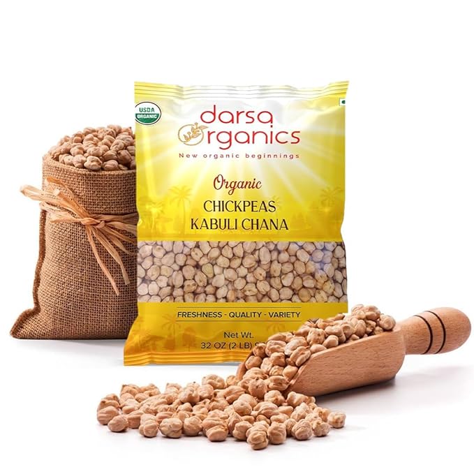Darsa Organics Chickpeas (Garbanzo Beans) 2 lb | Kabuli Chana Dal | USDA Organic, Non-GMO, Kosher |