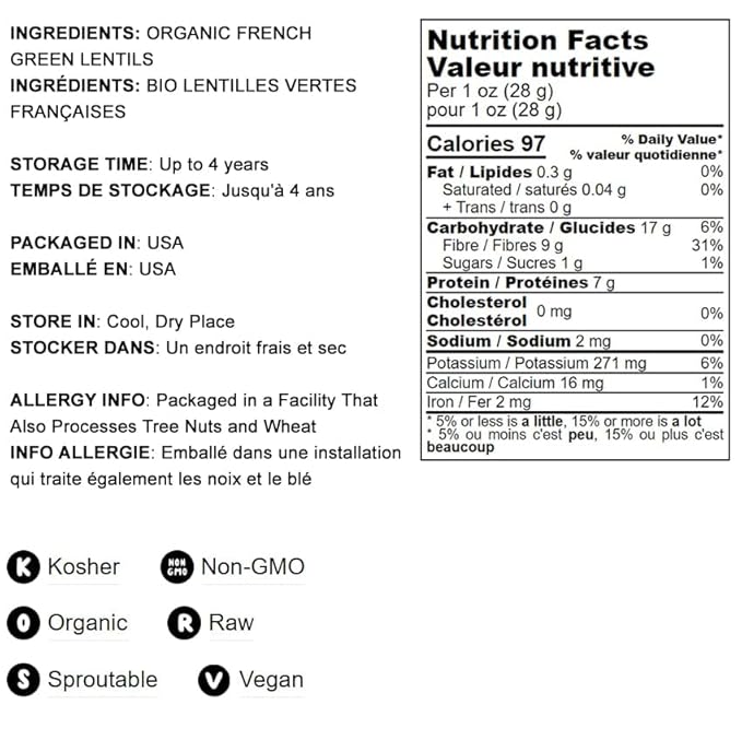 Food to Live Organic French Green Lentils, 20 Pounds ??Non-GMO, Whole Dry Beans, Raw, Sproutable