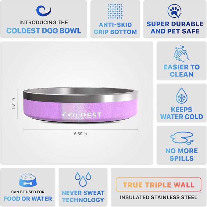 Coldest Dog Bowl - Anti Rust Metal, Non Slip, 3 Layers Insulated Stainless Steel Dog Bowls - Spill
