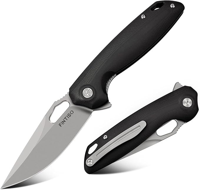FINTISO Pocket Knife 3.38" Folding Knife Premium 14C28N Blade G10 Handle, Camping Survival Hiking