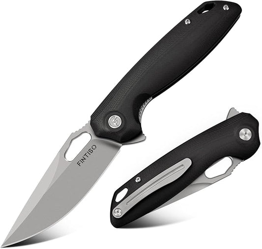 FINTISO Pocket Knife 3.38" Folding Knife Premium 14C28N Blade G10 Handle, Camping Survival Hiking