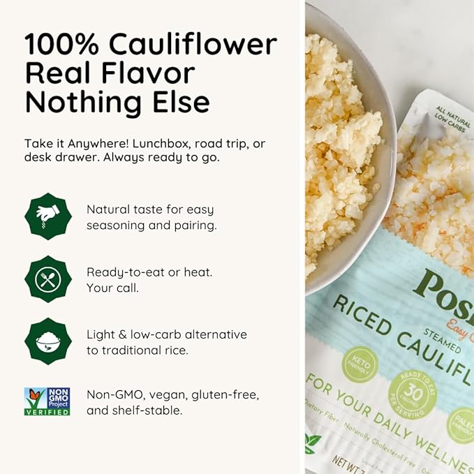 POSHI Riced Cauliflower | All Natural, Fully Cooked, Ready to Eat, Non-GMO, Low Calorie + Carb
