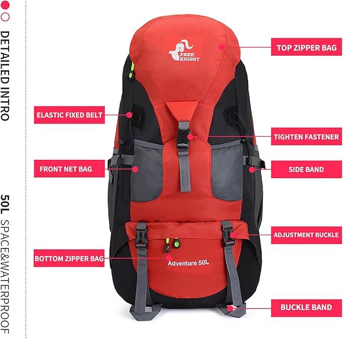 Bseash 50L Hiking Backpack, Water Resistant Lightweight Outdoor Sport Daypack Travel Bag for