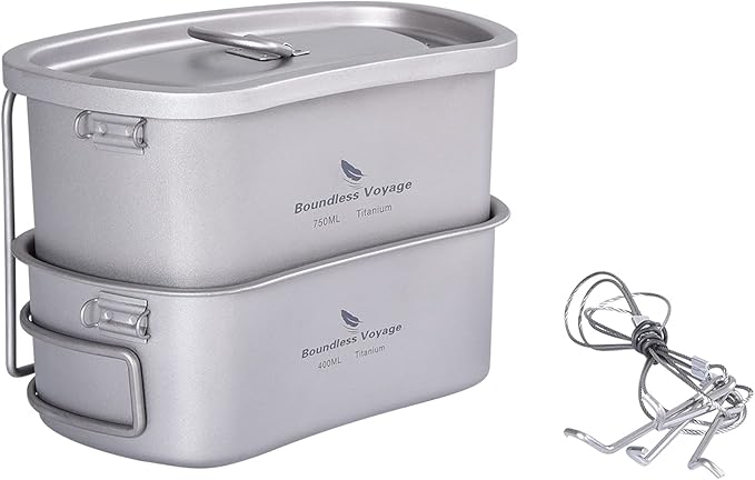 iBasingo Titanium Canteen Mess Kit with Folding Handle Hanging Ring Ultralight Portable for Lunch