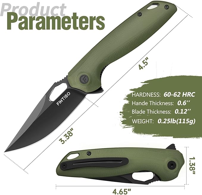 FINTISO Pocket Knife 3.38" Folding Knife Premium 14C28N Blade with G10 Handle, Camping Survival