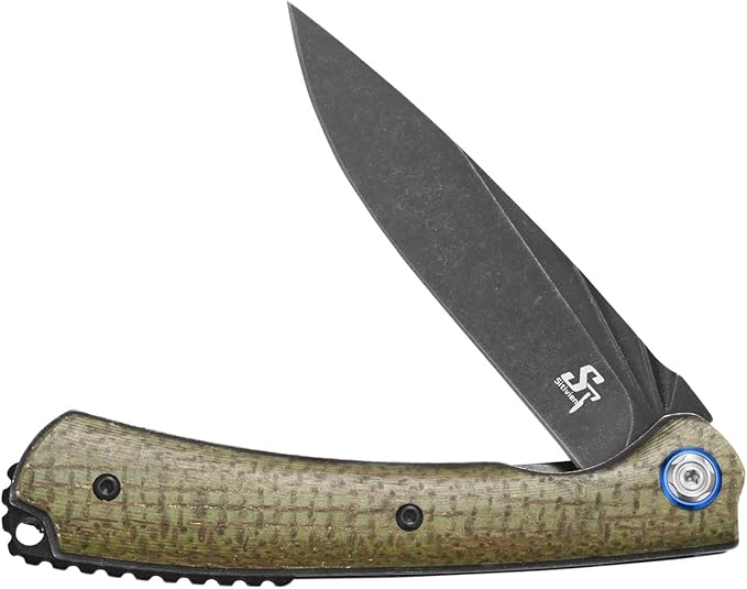Sitivien ST144 Folding Knife,Black Stonewashed 14C28N Steel Blade,Micarta Handle Pocket Knife for