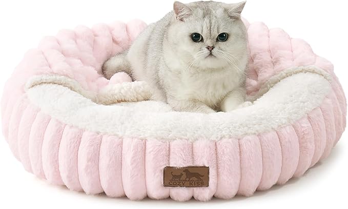 Cat Bed with Hooded Blanket, Round Fluffy Anti-Anxiety Pet Bed for Cats/Small Dogs, Cozy Donut
