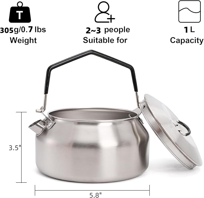 1L Camping Kettle, Portable Outdoor Campfire Kettle, 304 Stainless Steel Camp Tea Coffee Pot