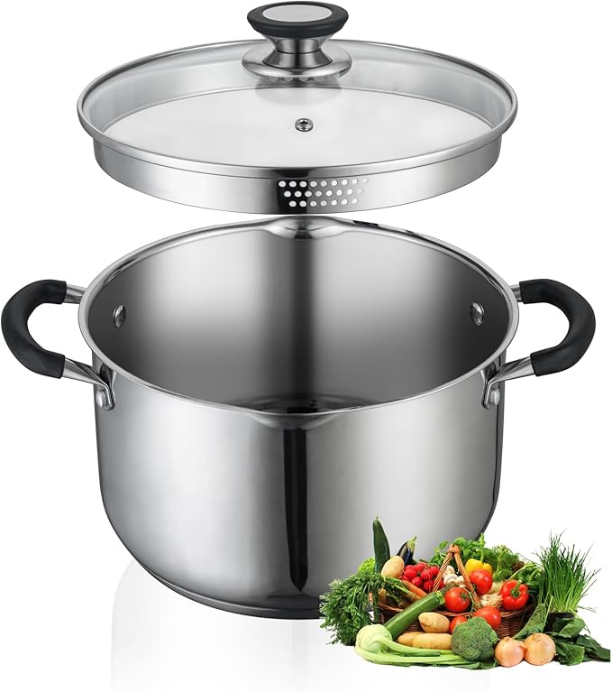 6 Quart Stainless Steel Stock Pot with Strainer Glass Lid,6 Qt Soup Pot Multipurpose Stockpot with