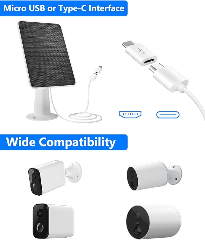 Solar Panel for Security Camera, 5W USB Solar Panel for DC 5V Security Camera, Micro USB & USB-C
