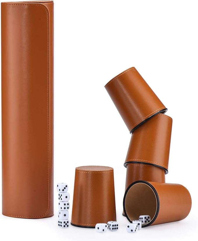 Leather Dice Cup Set, 5 Black Dice Cups + 25 Dices + Exclusive Storage and Transport Case Made of