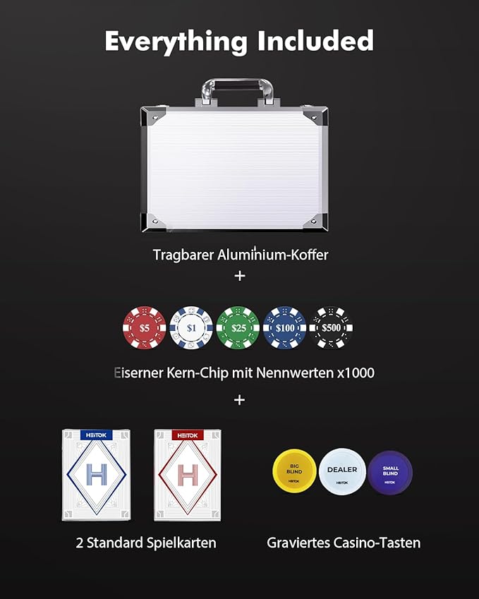 Poker Chips 1000 Chips Set with Denominations, 11.5g Weighted Numbered Casino Chips Set, 2 Decks