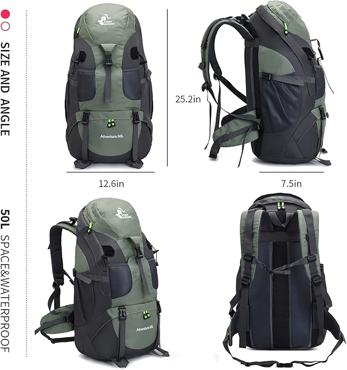 Bseash 50L Hiking Backpack, Water Resistant Lightweight Outdoor Sport Daypack Travel Bag for