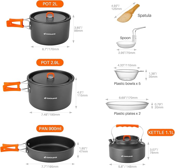 Odoland 15pcs Camping Cookware Non-Stick Lightweight Camping Pots and Pans Set with Kettle Plastic