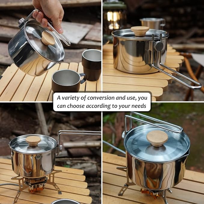 Stainless Steel Camping Pot with Lid and Removable Handle, Light Weight Outdoor Camping Kettle