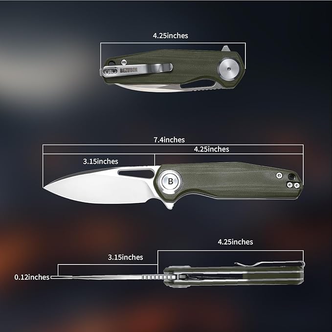 Pocket Folding Knife,3.15" D2 Steel Blade,Green G10 Handle,Push Button Lever Lock,Pocket Knife with