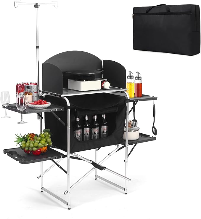 Camping Kitchen Table, Outdoor Cooking Table with 4 Panels & Storage Bag, Aluminum Folding Cooking