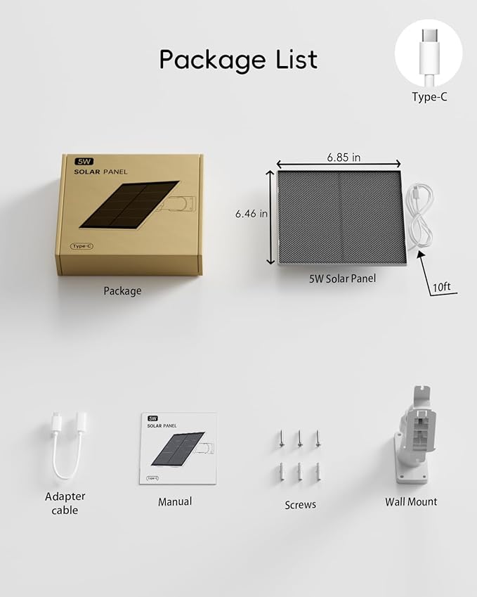 ZUMIMALL 5W Solar Panel for Security Cameras Wireless Outdoor, with Micro USB & Type-C Port